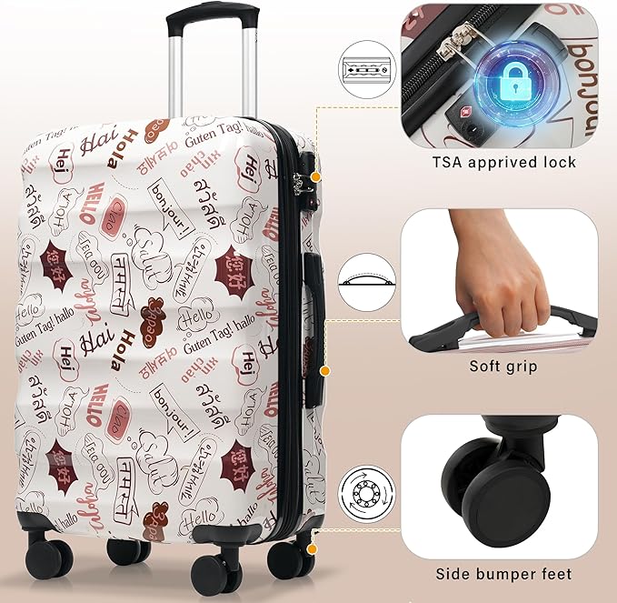 24 Inch Hardshell Luggage Lightweight Checked Luggage, Hardside ABS Suitcases with Double Wheels and TSA Lock, Medium Expandable 24-inch Carry on Luggages for Travel, Men, Women, Cute White