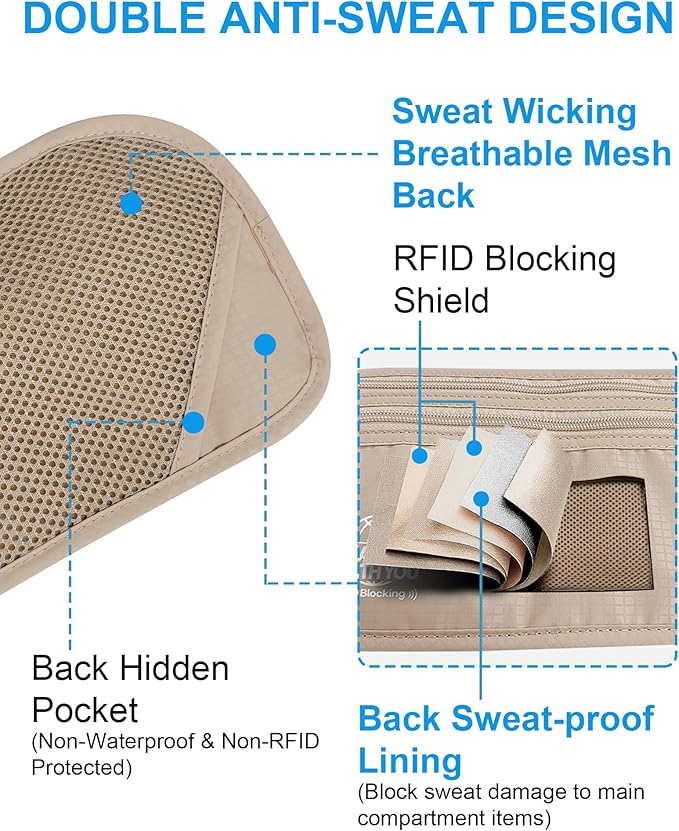 Hidden Money Belt for Travel, RFID Blocking, Sweat-Proof, Heavy-Duty Buckle, 3rd Gen Waist Wallet Anti Theft to Protect Cash, Credit Cards and Documents Under-Clothes for Men & Women, Beige