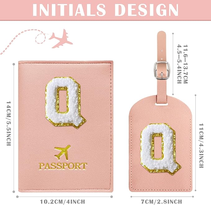 COSHAYSOO Passport Cover and Initial Luggage Tag Set with Preppy Chenille Letter Patch for Women Girls, Trendy Travel Bag Backpack Suitcase Identifier Halloween Valentines Gifts Pink Q