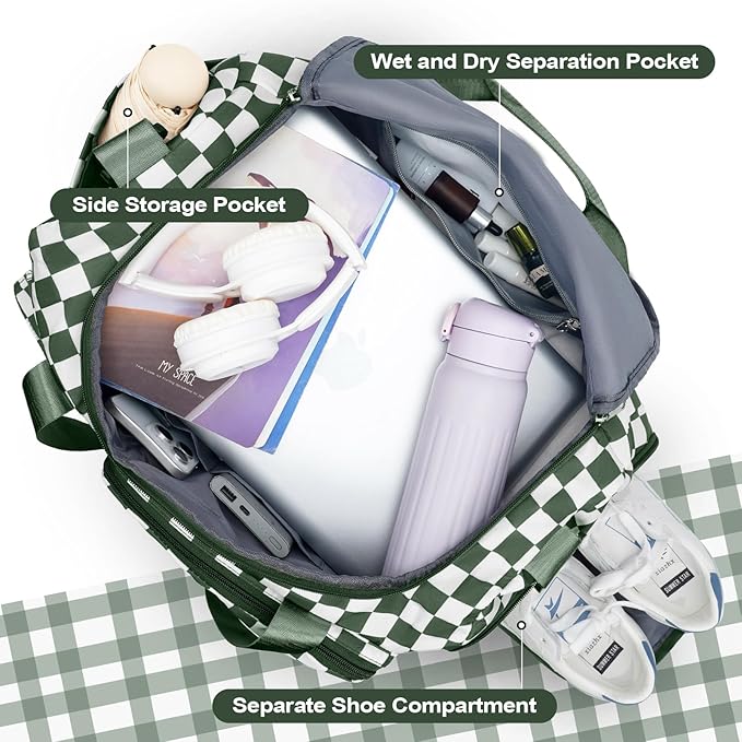 WOOMADA Foldable Travel Duffel Bag for Women, Weekender Bags with Shoes Compartment,Overnight Bag with Wet Pocket & Trolley Sleeve(green checkerboard)