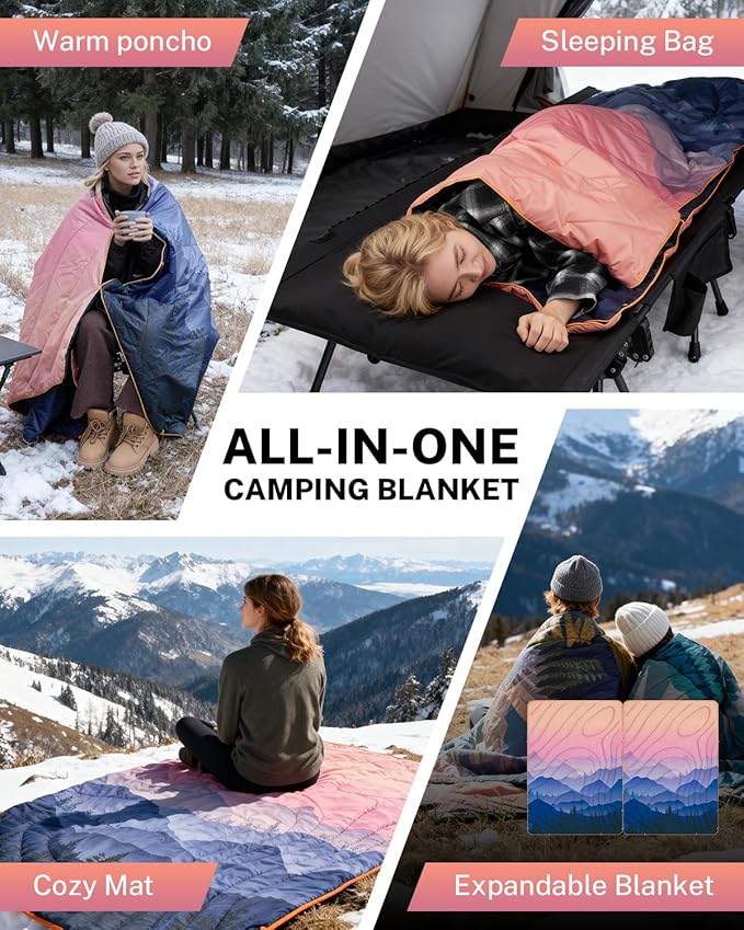 Gonex Camping Blanket with Aero-Warmth Tech Layer, Puffy Printed Packable Blanket Ultralight & Warm Wearable Water-Resistant Quilt for Outdoor, Camping, Hiking, Travel, Picnics 79" X 55"(Sunset)