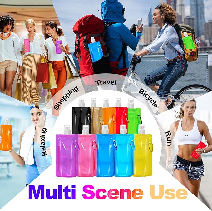 10 Pack Collapsible Water Bottles,Reusable Drinking Water Bags with Carabiner Clip,480ml Travel Water Bottle,Leak Proof Water Bottles for Camping,Hiking Travel,Gym,Sports,Biking,BPA Free