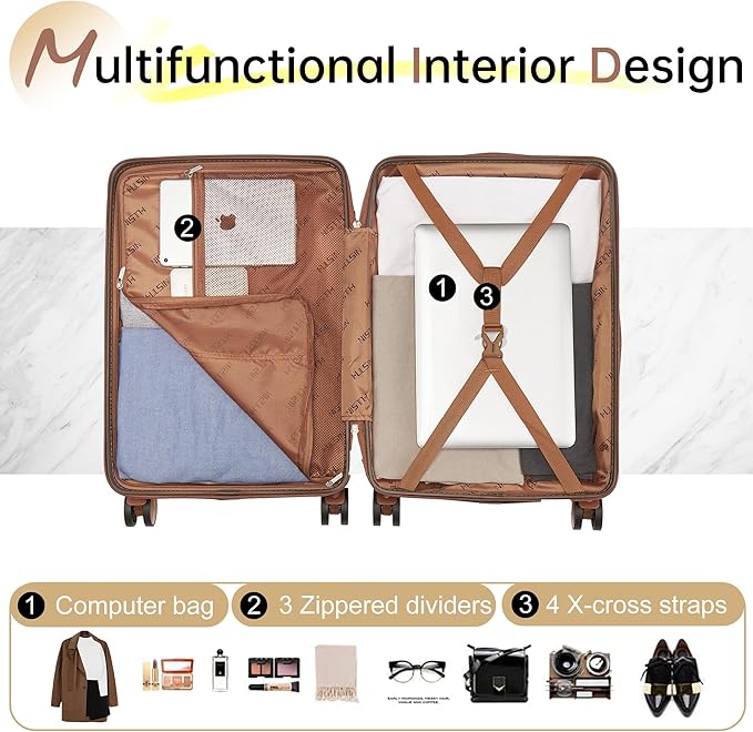 Carry on Luggage with Spinner Wheels, 22x14x9 Airline Approved Carry-on Suitcase, Small Hardside Luggage with TSA Lock,Hard Shell Suitcase,Hard Case for Travel (Coffee, 20-Inch)