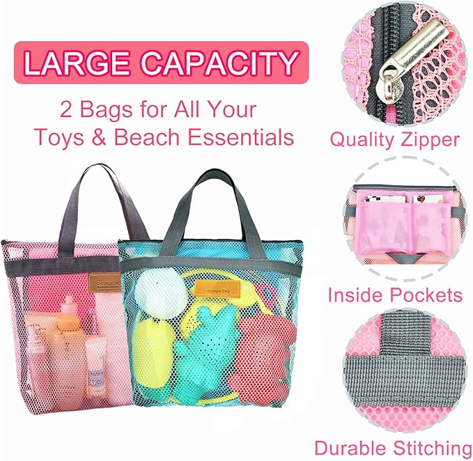 Collapsible Beach Toys for Kids Toddlers, Collapsible Sand Buckets Shovels Set with Mesh Bags and Sand Molds, Foldable Travel Sand Toys for Beach Sandbox Toys for Kids