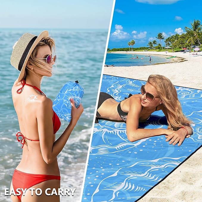 Beach Blanket Waterproof Sandproof Beach Mat 79" X 83"/10'x9'for 2-8 Adults Quick Drying Outdoor Picnic Mat Beach Accessories for Travel, Camping, Hiking