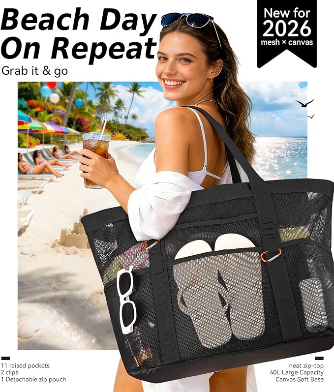 2026 Chic & Spacious XX-Large Beach Bag for Women — Mesh × Canvas Tote with Top Zipper, 11 Pockets, Detachable Pouch | 40L+ Spacious, 11 Tall Pockets, Zipper Pouch, Secure Zip-Top, Sand-Resistant Base