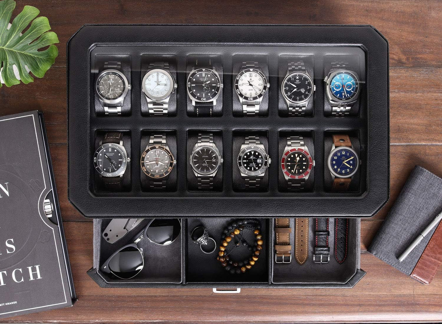 ROTHWELL 12 Slot Leather Watch Box with Valet Drawer - Luxury Watch and Jewelry Case Display Organizer, Microsuede liner, Mens Locking Storage Holder Large Glass Top (Black/Grey)