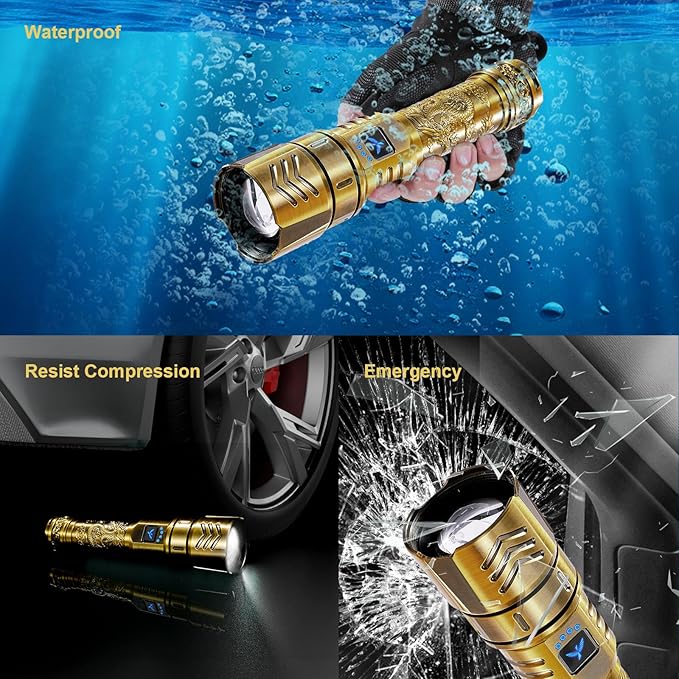 SKYFIRE LED Flashlights High Lumens with Ignition Lens,3000lm Super Bright Rechargeable Flashlight, Zoomable,Four Modes,Waterproof Tactical Flash Light for Camping Essentials,Outdoor and Home,Gift