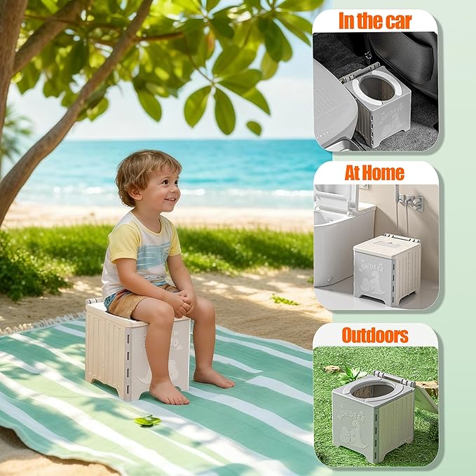9.1" Foldable Travel Potty - Compact Collapsible Portable Toilet Seat with Cleaning Bags for Car, Camping, Outdoor Use, Supports Kids (Grey)