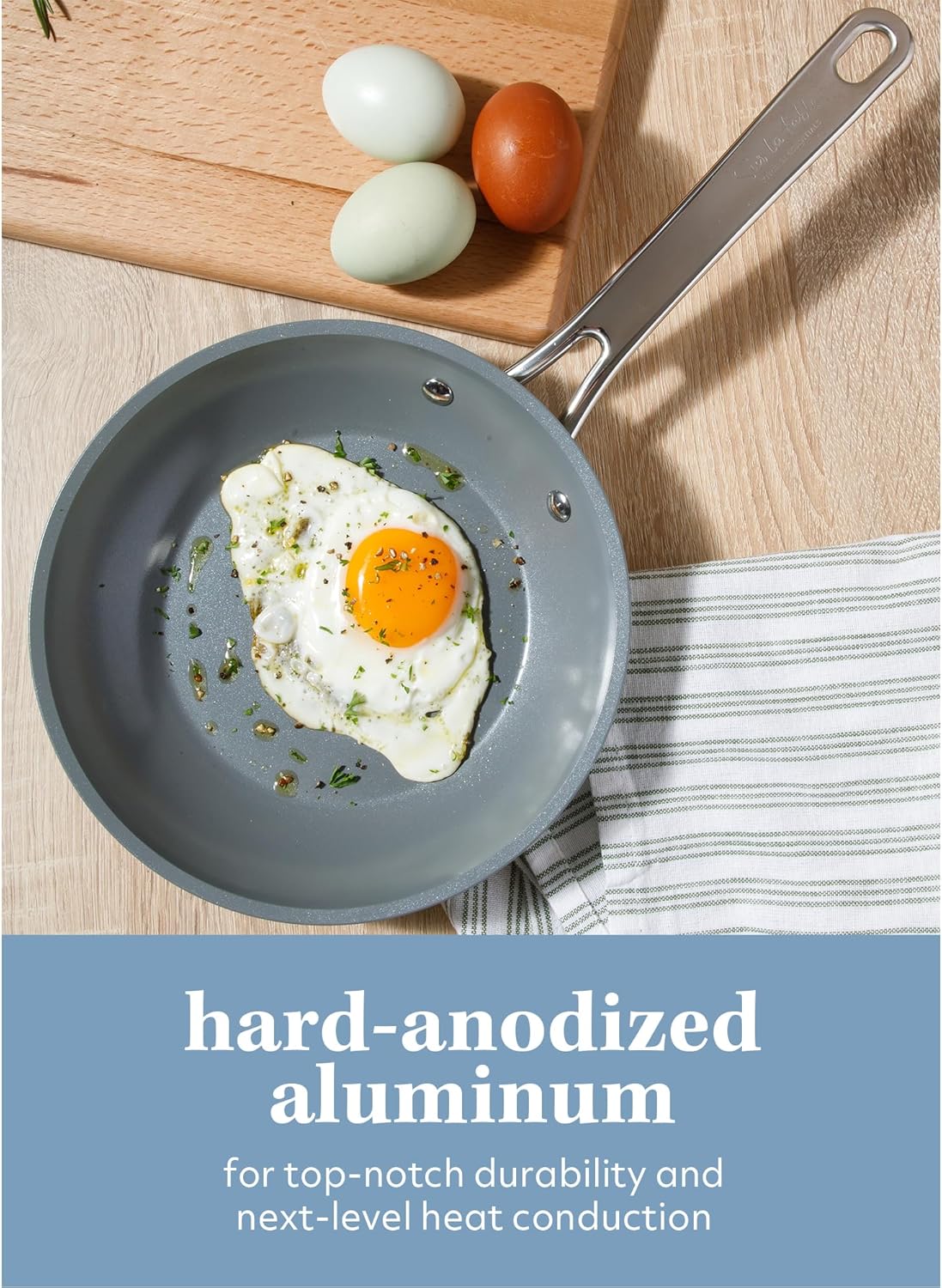 Sur La Table Kitchen Essentials Cool Commune Hard Anodized 10 Piece PFA Free Ceramic Non stick Interior Forged Durable Aluminum Pots and Pans Cookware Set - Blue - Induction Compatible