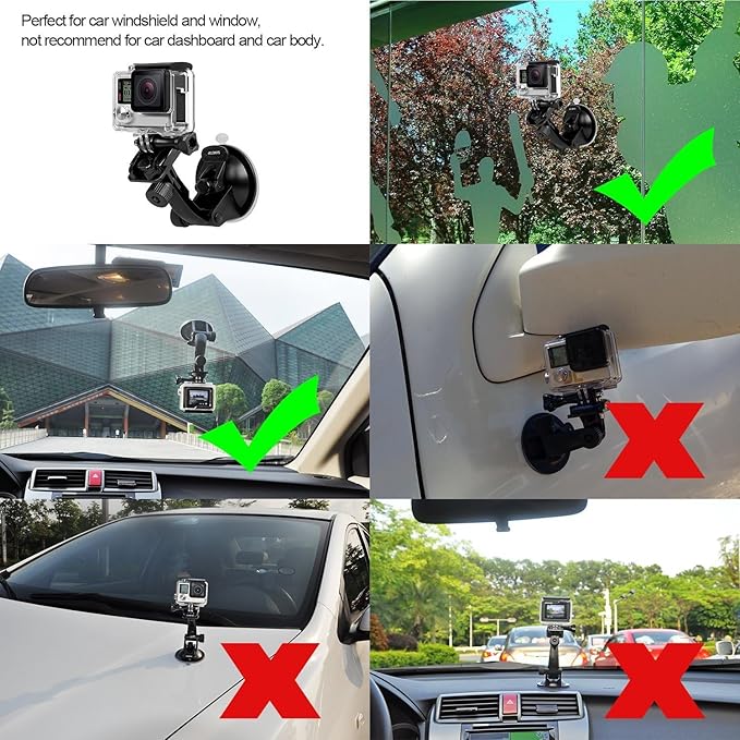 Suction Cup Mount Compatible with Gopro Hero 13, 12, 11, 10, 9, 8, 7, 6, 5, 4, Session, 3+, 3, 2, 1, Hero (2018), Max, Fusion, DJI Osmo Action Cameras; Perfect for Car Windshield and Window