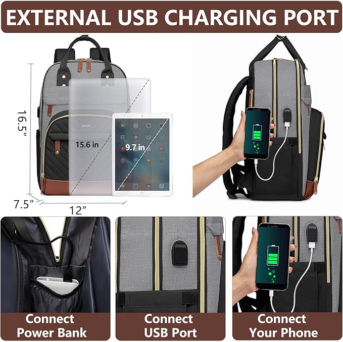 Laptop Backpack for Women Work Bag - 15.6 inch Travel Backpack Purse with USB Charger College Bookbag Waterproof Casual Daypack Fashion Business Computer Backpacks for Teacher Nurse Black Grey Brown