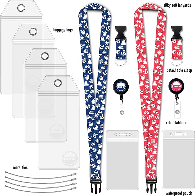 Carnival Cruise Luggage Tag Holders (4 Pack) & Lanyards (2 Pack), Large, Clear & Waterproof, Cruise Essentials 2026-2027 for Ship Cards & Baggage – Durable Travel Accessories (Blue and Pink Icons)