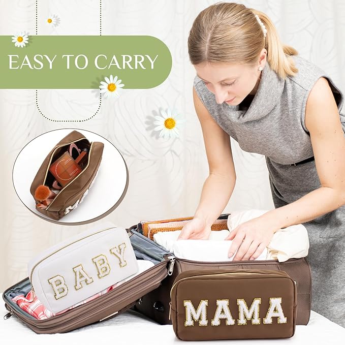 Sanwuta 2 Pieces Mama Gifts Makeup Bag Mom Pouch Birthday Gifts Nylon Cosmetic Bag Mothers Day Appreciation Toiletry Preppy Patch Chenille Letter for Women Her New Mom(Camel, White,Baby and Mama)