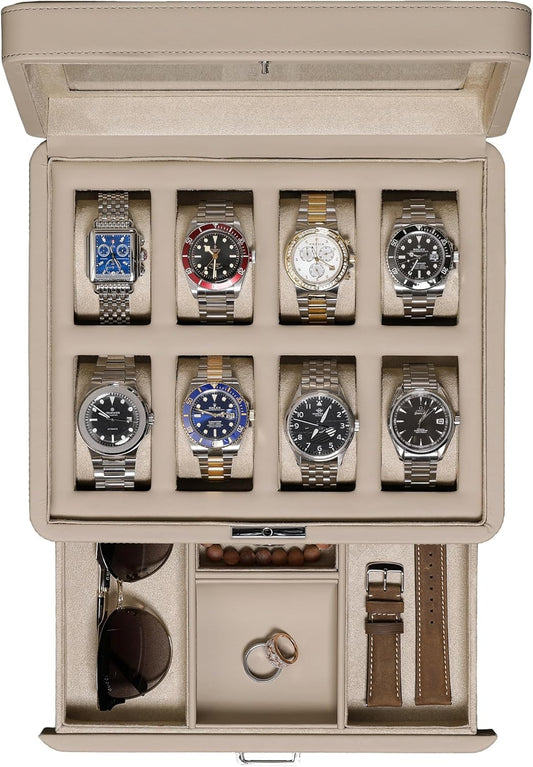 ROTHWELL 8 Slot Leather Watch Box with Valet Drawer - Luxury Case Display Jewelry Organizer, Locking Display Case Holder with Real Glass Top - Watch Box Organizer for Men & Women (Oatmeal)