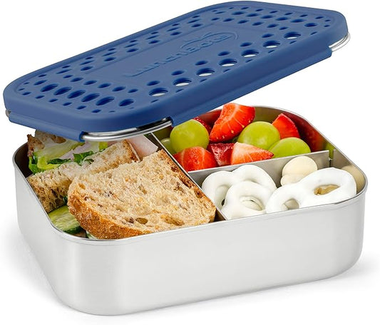 LunchBots Medium Trio II Snack Container - Divided Stainless Steel Food Container - Three Sections for Snacks On the Go - Eco-Friendly, Dishwasher Safe, BPA-Free - Stainless Lid - Blue Dots