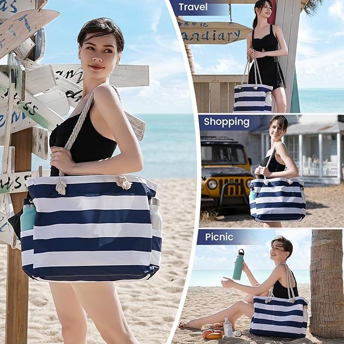 Clothirily Beach Bag for Women - Large Beach Tote Bag, Waterproof Sandproof Beach Bag with Zipper, Large Swim Pool Beach Tote