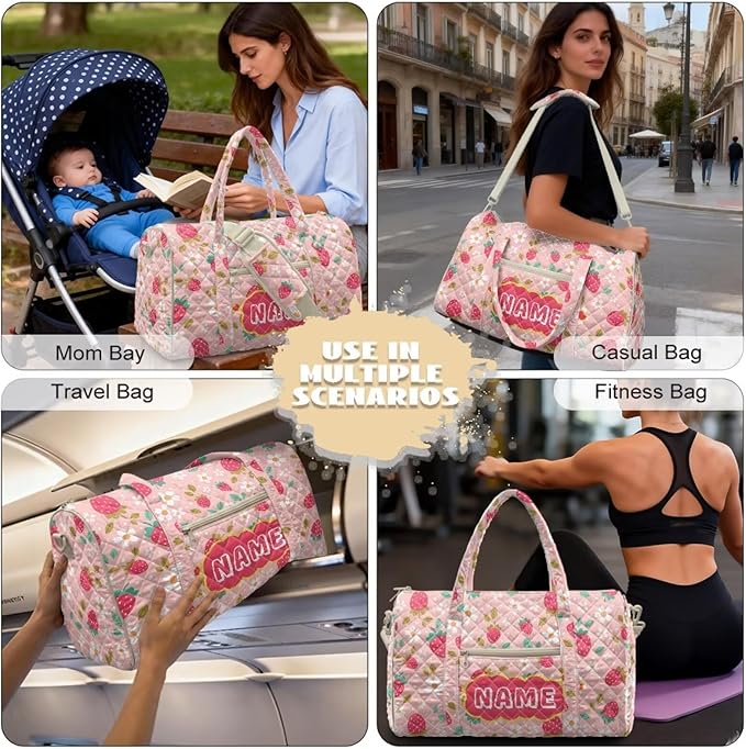 COEQINE Pink Strawberry Floral Quilted Bags for Women Tote Purses for Womens Personal Item Travel Bag Multiple Interior and Exterior Pockets