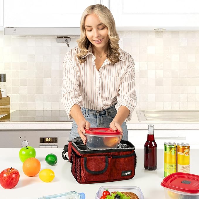 opux Lunch Bag Women Insulated, Adult Lunch Box Cooler, Lunch Box for Men, Dual Compartment Lunchbox for Work, Leakproof Double Decker Lunch Bag, Soft Lunch Pail Tote Girls Boys Kids School, Red