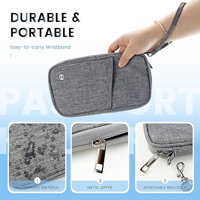 Passport Holder Family, Travel Document Organizer with RFID, Portable Passport Cover Case with Zipper for Cards, Boarding Pass, ID, Money, Tickets (Grey)