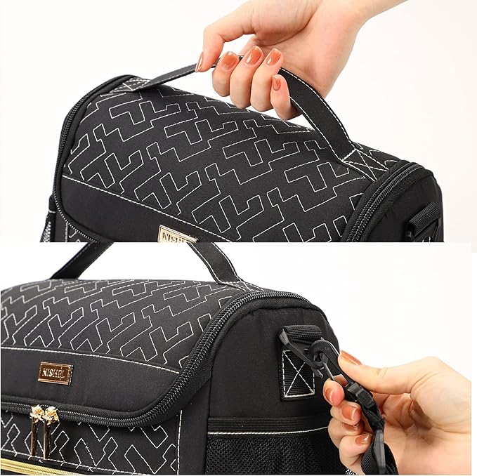 NISHEL Lunch Bag for Women, Portable Insulated Meal Box with Shoulder Strap, Resuable Leakproof Cooler Case for Work, Black