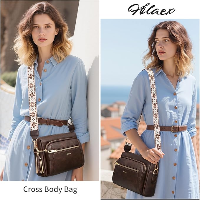 Small Leather Crossbody Bags for Women Anti theft Purses and Handbag Shoulder Hangbag with Wide Strap Tassel