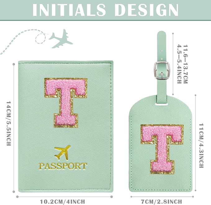 COSHAYSOO Initial Passport Cover Luggage Tag Set Letter Passport Holder Airplane Cruise Travel Essentials Vacation Traveling Accessories Personalized Gifts for Women Teen College Girls Teal T
