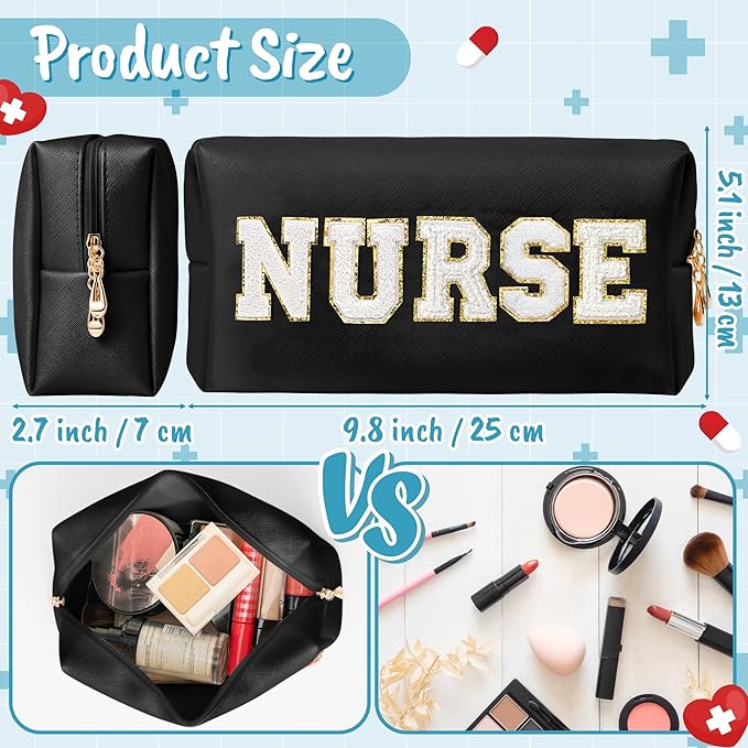 CY2SIDE NURSE Letter Makeup Bag - White Chenille Letter Patch Cosmetic Bag Black PU Leather Patch Travel Pouch Waterproof Portable Zipper Travel Organizer Case Valentines Gifts for Nurse Women
