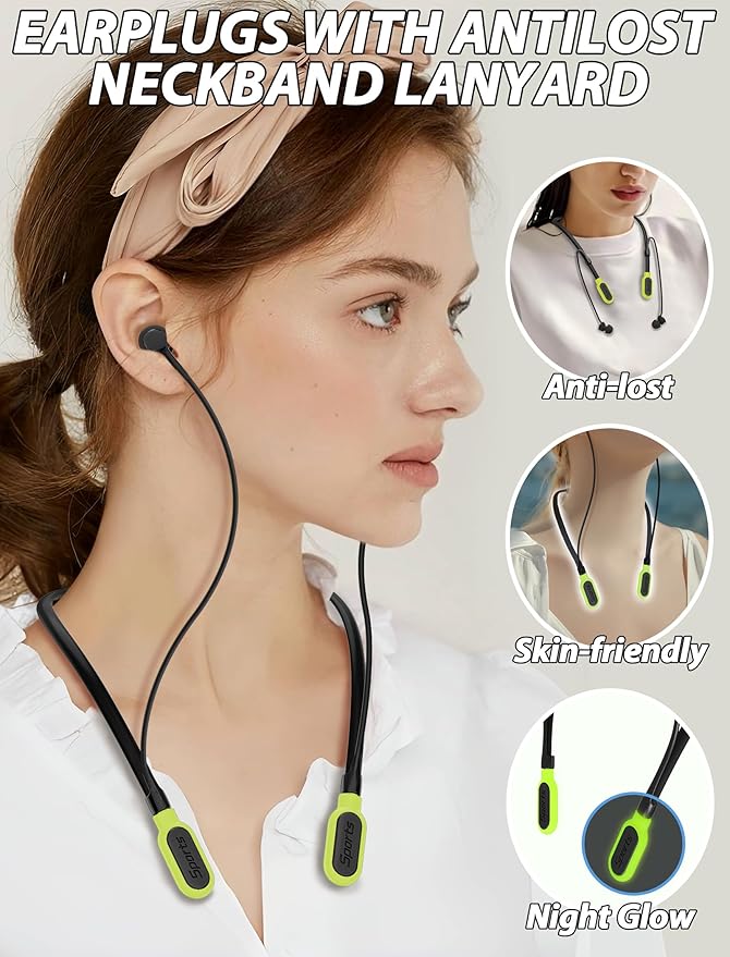 HALLEAST Earplugs for Concert, Noise Reduction, Hearing Protection, with Removable Ear Plug Lanyard, Safety Connector Cord Strap Neckband – SNR 26dB, NRR 14dB, Black Plug + Yellow Tip