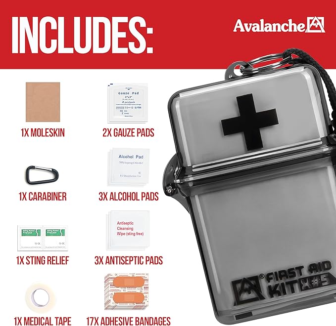 Avalanche Mini First Aid Kit, 30 Pcs Emergency Supplies Kit in Waterproof Case for Home, Car, Travel, Sports or Camping, First Aid Kit in Hard Case & Carabiner, Gray