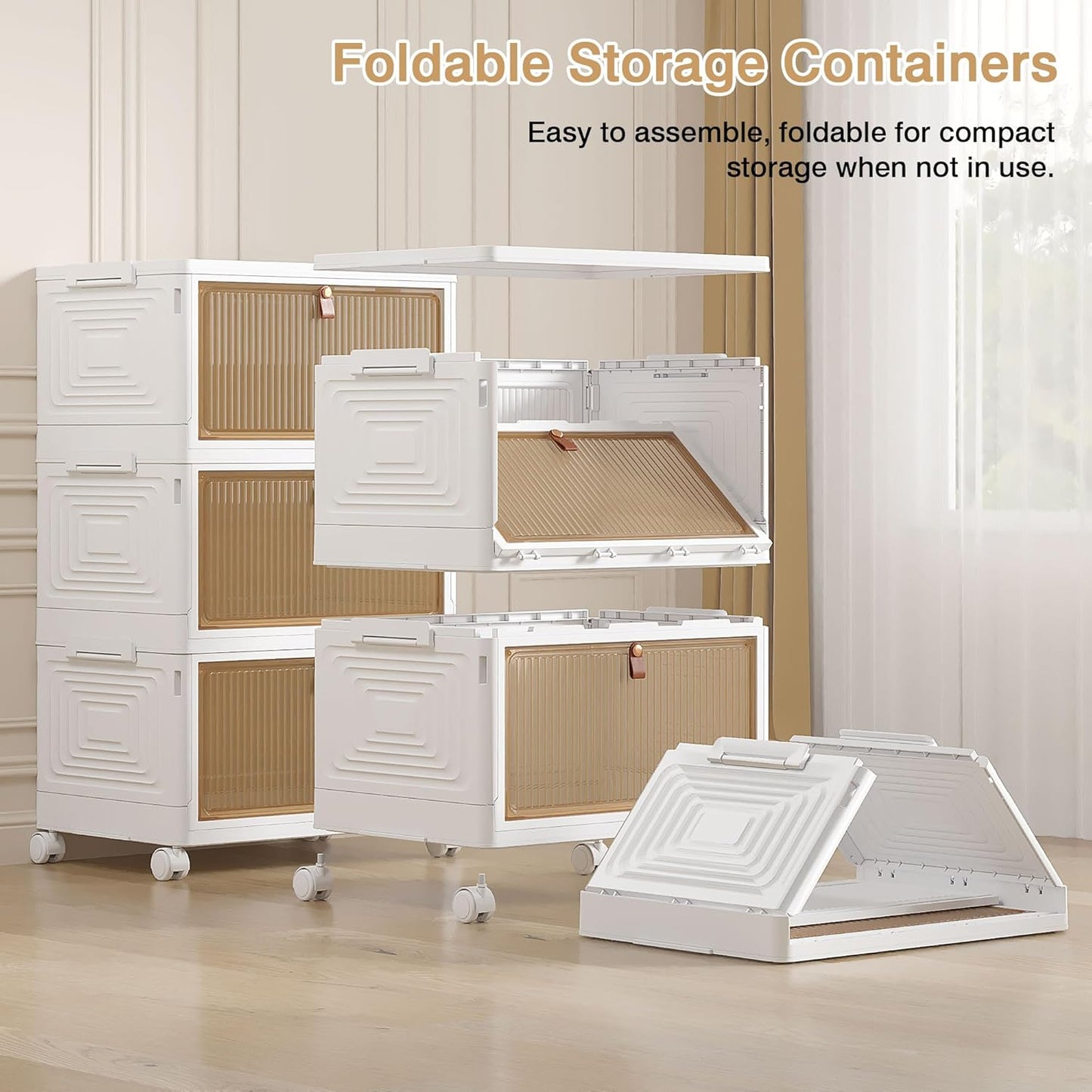 VECELO 3 Tier Stackable Storage Boxes with Magnetic Doors & Wheels, Foldable Storage Containers, 23 QT Closet Organizers for Living Room, Office, Dorm