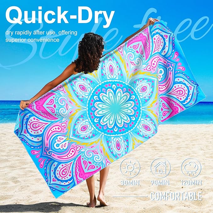 6 Packs Lightweight Thin Microfiber Beach Towel Oversized Quick Dry Compact Sandproof Clearance Towels Sand Free Camping Swimming Pool Easy Pack Adults Marble Turtle Marble Purple Flower Bohemia