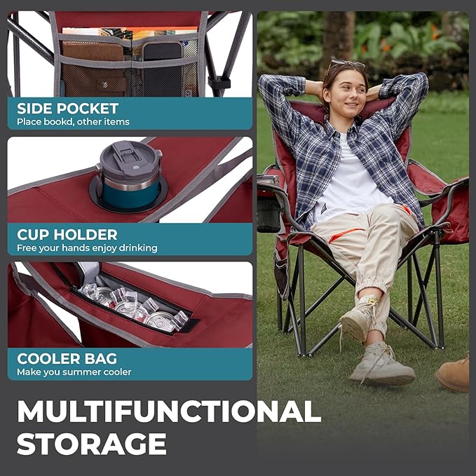 FUNDANGO Oversized Camping Chairs for Adults, Heavy Duty Fold Up Sports Games Lawn Chairs, Extra Wide Big Man Outdoor Chairs with Padded Lumbar Support Backrest, Bag Included for Camp, Outside, Beach