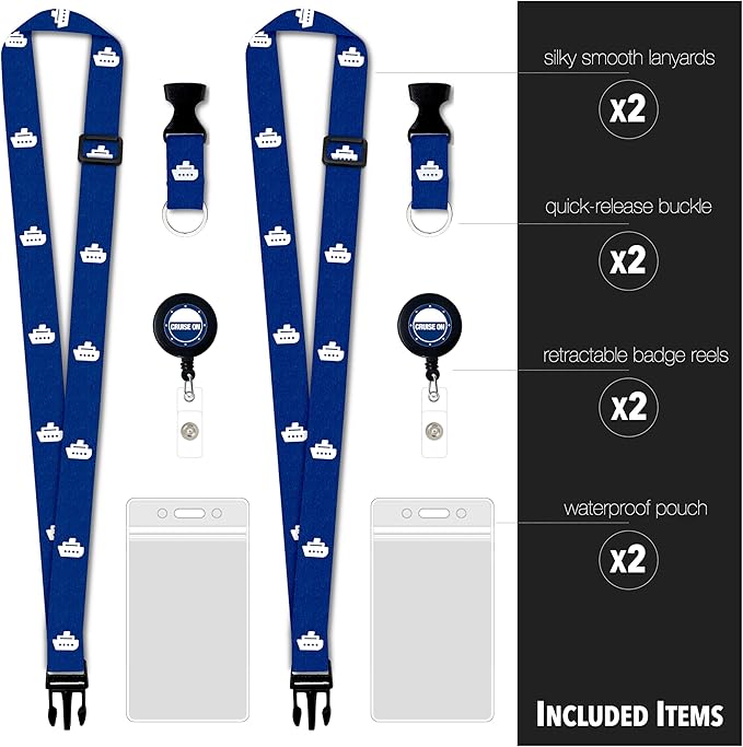 Cruise On Cruise Lanyard for Ship Cards – 2-Pack Retractable Badge & Waterproof Key Card Holder for Ship Cards – Cruise Essentials 2026-2027, Perfect for Travel & Vacation (Blue Cruise Ship)
