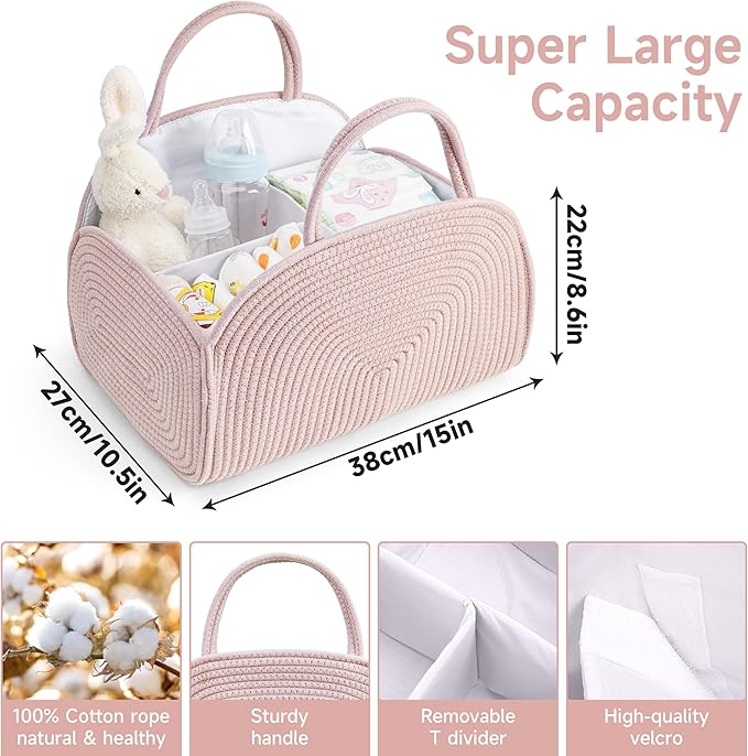 Diaper Caddy Organizer for Baby, Cotton Rope Baby Gift Basket,Portable Diaper Organizer for Changing Table,Diapers Nursery Storage Organizer for Travel,Camping,Darkpink Baby Shower Gifts for Newborn