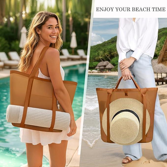 Mesh Beach Bag for Women - Sandproof Beach Tote, Large swim bag, Vacation Essentials for Family,Pool,Cruise,Gym (Camel)