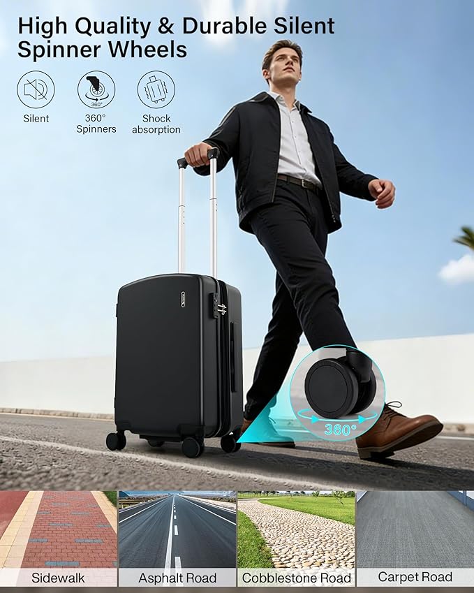 Hanke 24 Inch Expandable Hard Sided Luggage with Spinner Wheels, Checked Luggage for Travel, Hard Shell Suitcases With Wheels Durable Medium Suitcase for Woman Men with Tsa Lock(Jet Black)