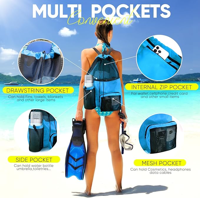 Swim Mesh Beach Bag, Waterproof Gym Bags for Women and Men, Large Pool Bag Swimming Gear Drawstring Backpack