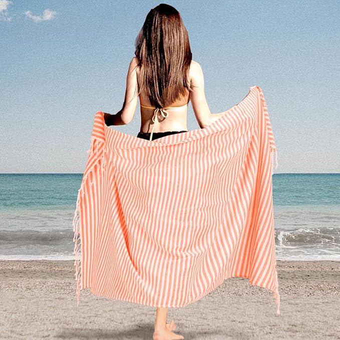 Turkish Striped Beach Towels Bulk Oversized 39"x71" Large Bath and Pool Set Quick Dry Lightweight Travel Towel for Adult,100% Cotton TEBT-18-1orange