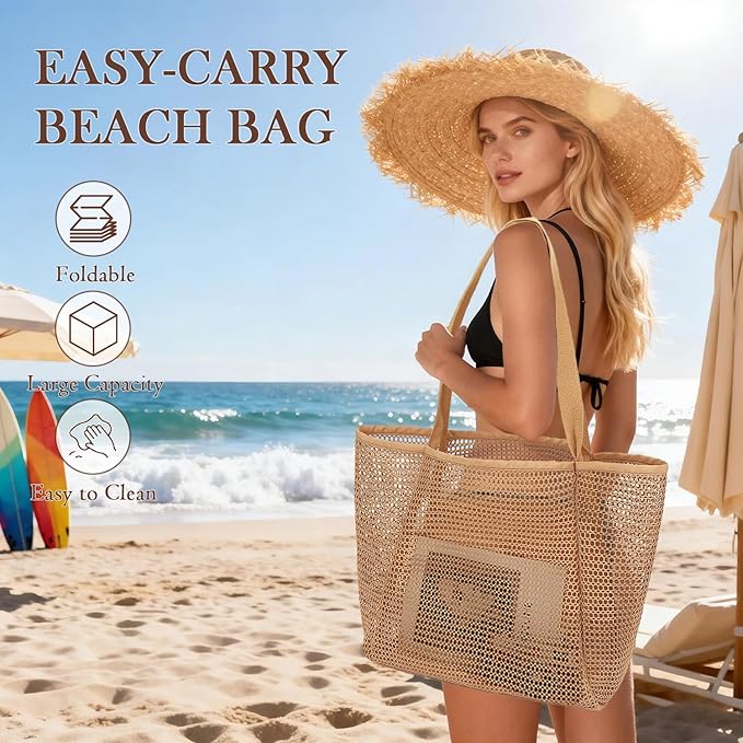 Fammart Mesh Beach Bag for Women, Summer Straw Tote Hobo Pool Bags with Zipper Pocket, Travel Vacation Cruise Essentials 2026