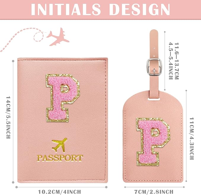 COSHAYSOO Initial Passport Cover Luggage Tag Set Letter Passport Holder Airplane Cruise Travel Essentials Vacation Traveling Accessories Personalized Gifts for Women Teen College Girls Pink P