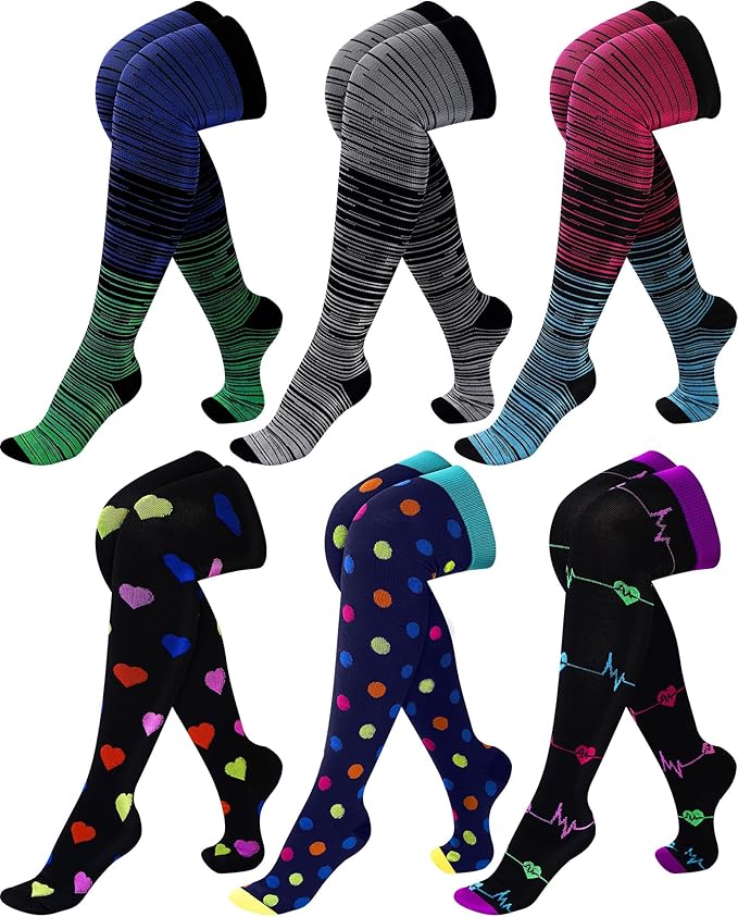 6 Pcs Large Size Thigh Compression Socks for Women Men 20-30 Mmhg Circulation Wide Calf Knee Support Stocking for Nurse, Running, Travel