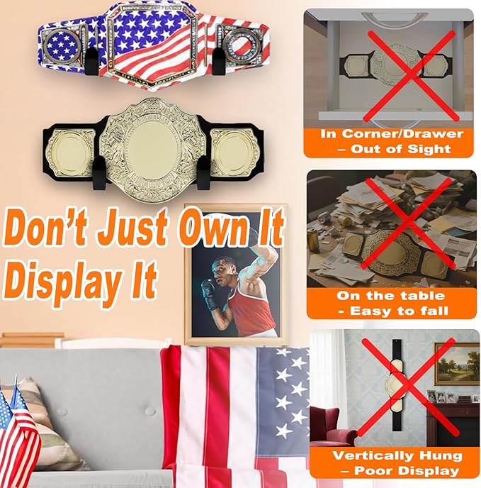 Wrestling Championship Belt Wall Mount Display Case, Perfect WWE Belt Hanger for Adults & Kids, Durable & Easy to Install Title Belts Organizer Holder for Wall
