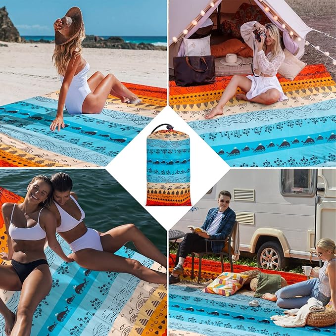 BEW Beach Blanket Waterproof Sandproof, Outdoor Picnic Blankets Sand Free for 4 Adults, Lightweight Quick Drying Beach Mat for Beach Travel, Camping, Hiking, Boho Beach Essentials Accessories