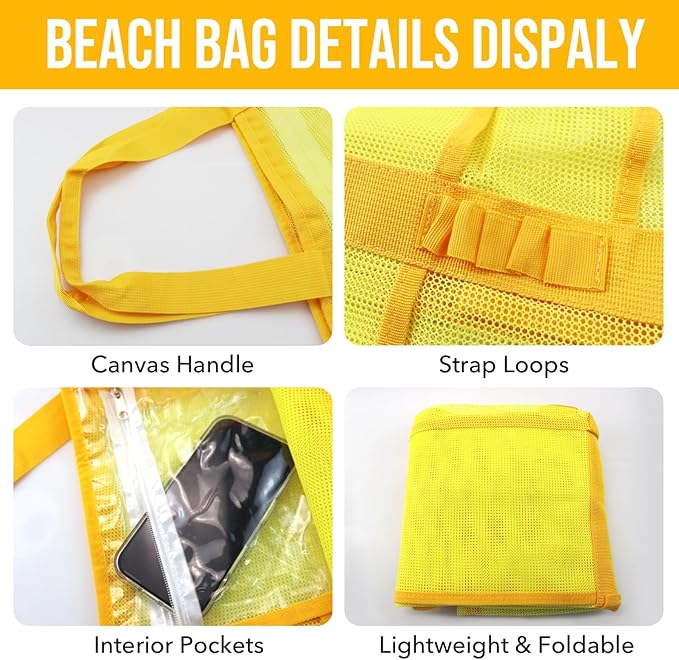 Large Mesh Beach Tote Bag, 9-Pocket Foldable Summer Vacation Beach Bag for Travel, Pool, Gym, Cruise