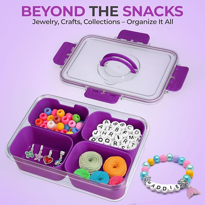 Snackle Box Container with Lid- Travel Charcuterie Box with Handle - Organizer for Candy, Fruit, Nuts, Veggies, Snacks, Beach Essentials, Portable Lunch Box (Purple, Small)