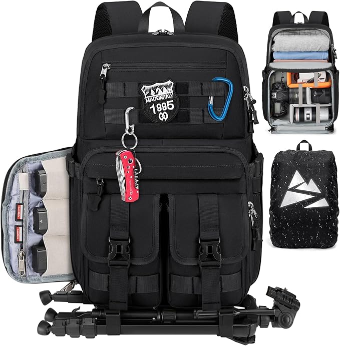 RAINSMORE Camera Bag Backpack for DSLR/SLR/Mirrorless Camera Bags for Photographers 15.6 Inch Waterproof Tactical Photography Case with Rain Cover & Tripod Holder, Black