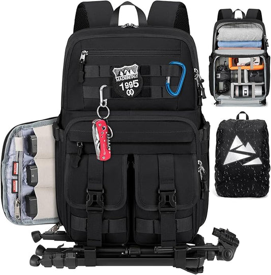 RAINSMORE Camera Bag Backpack for DSLR/SLR/Mirrorless Camera Bags for Photographers 15.6 Inch Waterproof Tactical Photography Case with Rain Cover & Tripod Holder, Black