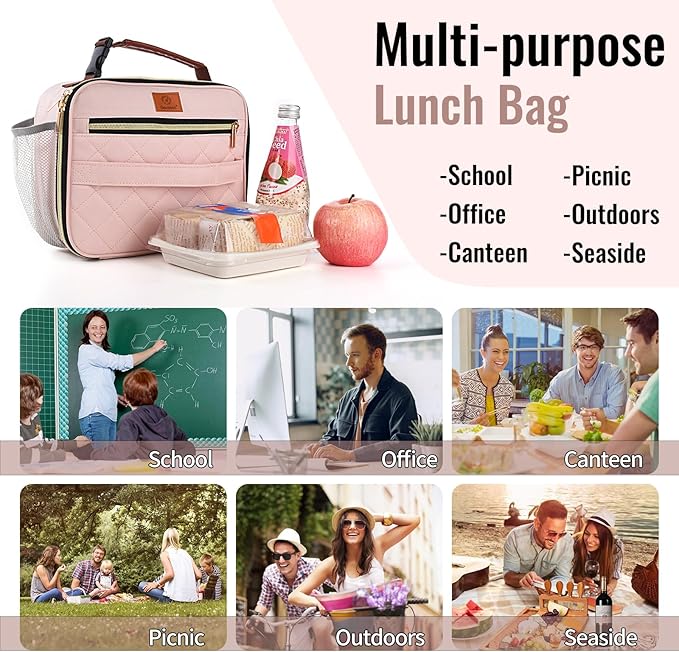 Genteen Lunch Box for Kids Girls - Insulated LunchBox Reusable, Zip Closure & Buckle Handle, Portable Cooler for Work, School, Travel (Pink)