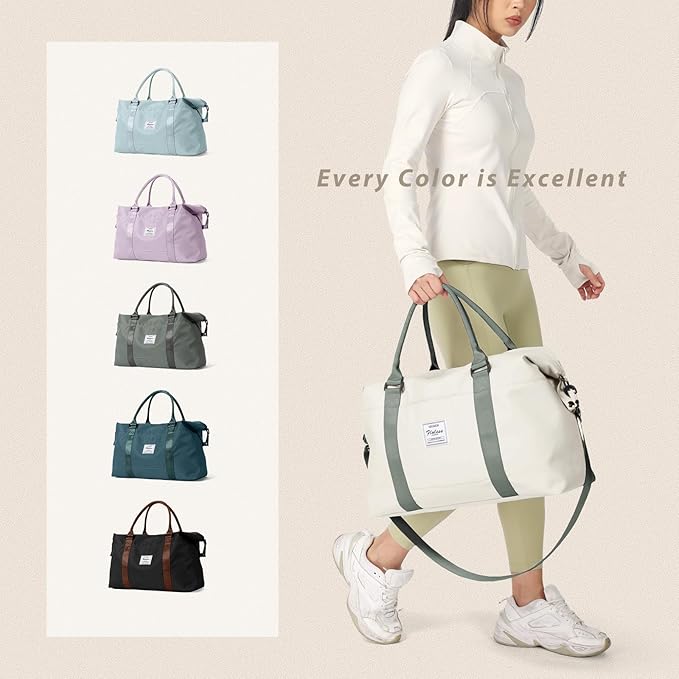 Travel Duffel Bags for Women Mens Waterproof Weekender Carry on Bag Sports Gym Bag Travel Tote Bags with Wet Pocket Overnight Bag Workout Duffel Bags with Trolley Sleeve Beige with Green